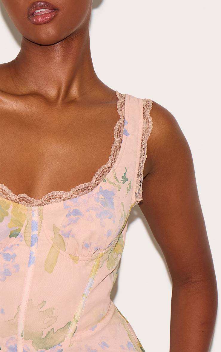 Rose Combinaison-short En Mousseline À Imprimé Fleuri Marron Avec Détail Corset