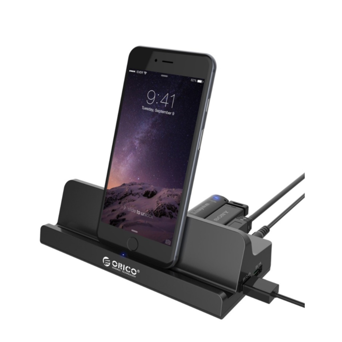 MacBook / Laptop Hub mit 4x USB 3.0 / 1x 3.5mm Klinke Anschluss   Smartphone / Tablet Halterung (SH4C2) - Schwarz