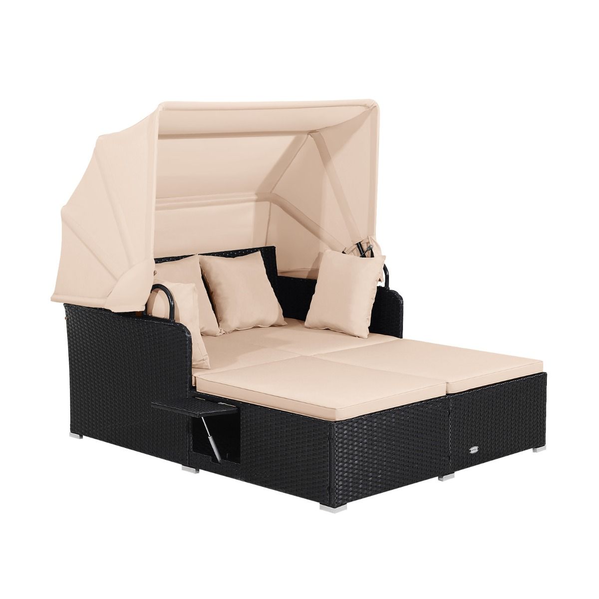 Chaise Longue à 2 Places en Rotin avec Auvent Rétractable Bain de Soleil avec Panneaux Latéraux Pliables Charge 360KG Beige/Gris - Lidl-Manfred