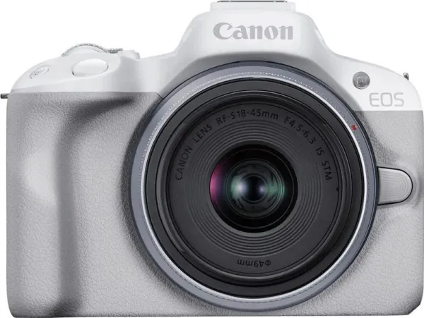Canon EOS R50 - Digitalkamera - spejlløst - 24.2 MP - APS-C - 4K / 30 fps - 2.5x optisk zoom RF-S 18-45 mm F4.5-6.3 IS STM objektiv - Wi-Fi, Bluetooth - hvid