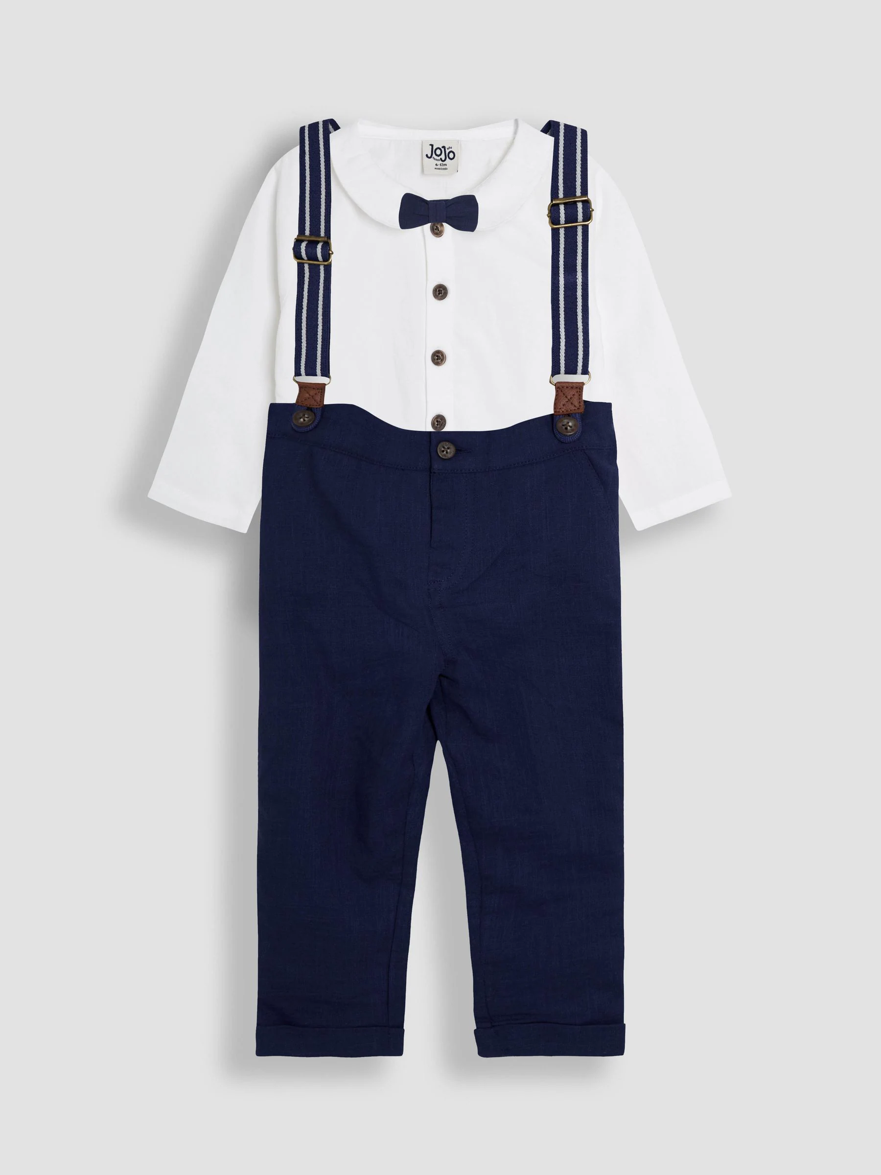 Marineblauw - JoJo Maman Bébé 4-delige set van overhemd en broek met strik en bretels