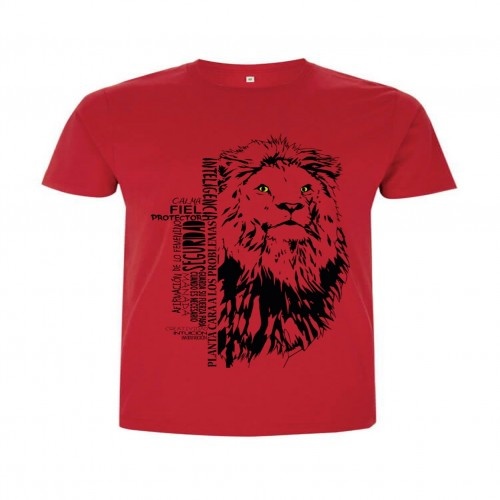 Camiseta masculina de algodão de manga curta com estampa de leão vermelho, símbolo animal.