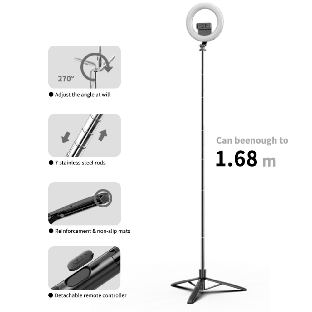 (168cm) 3in1 XXL Alu Selfie Stick Tripod Dreibein Stativ Halterung mit LED Ringleuchte   Bluetooth Fernauslöser für Smartphone - Schwarz