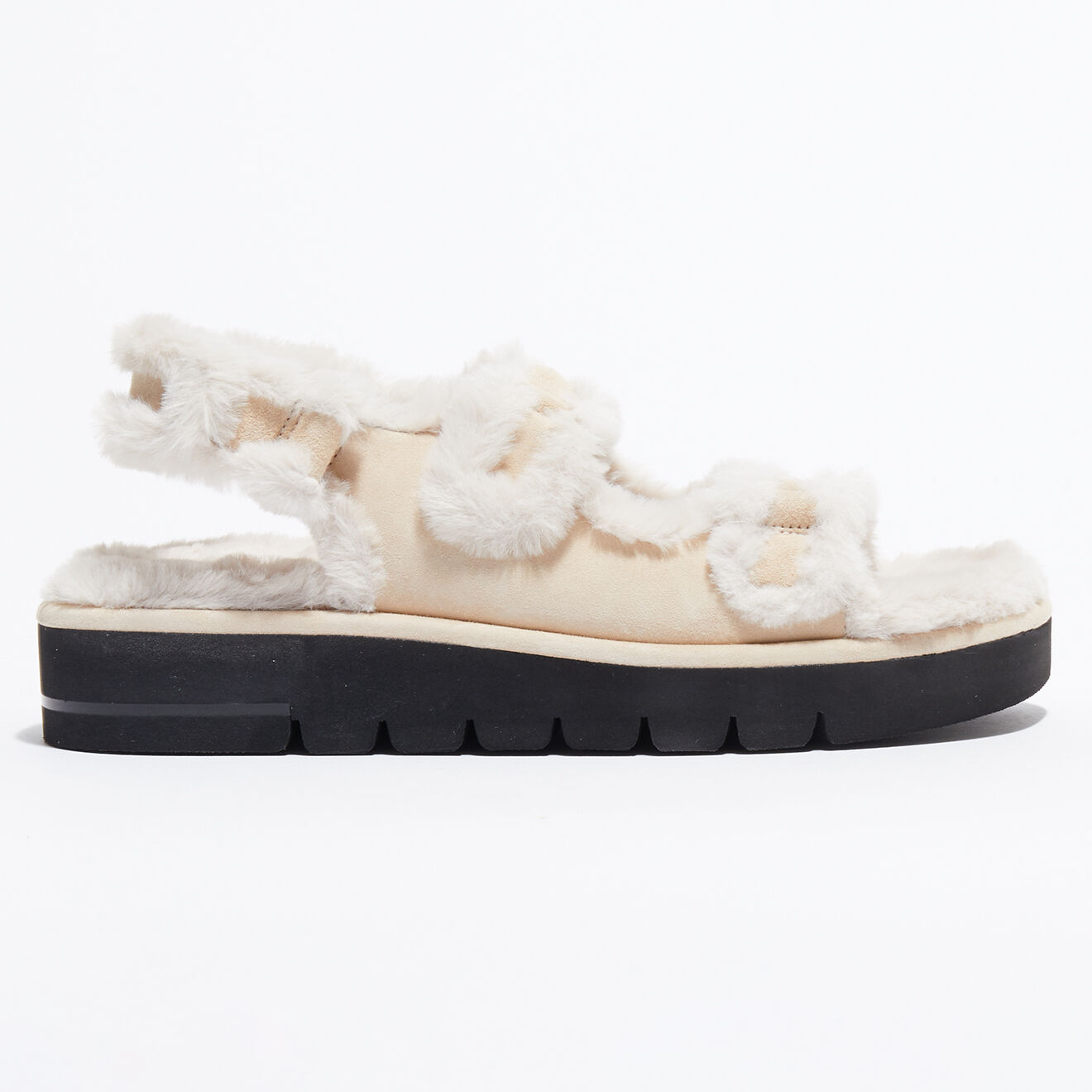 Stuart Weitzman Sandales en Velours de Cuir Zoe Lift Chill fourrées nude