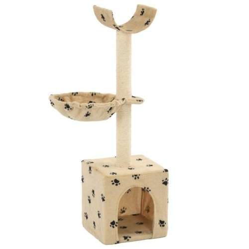 Arranhador para gatos com poste de sisal, bege, com estampa de patas.