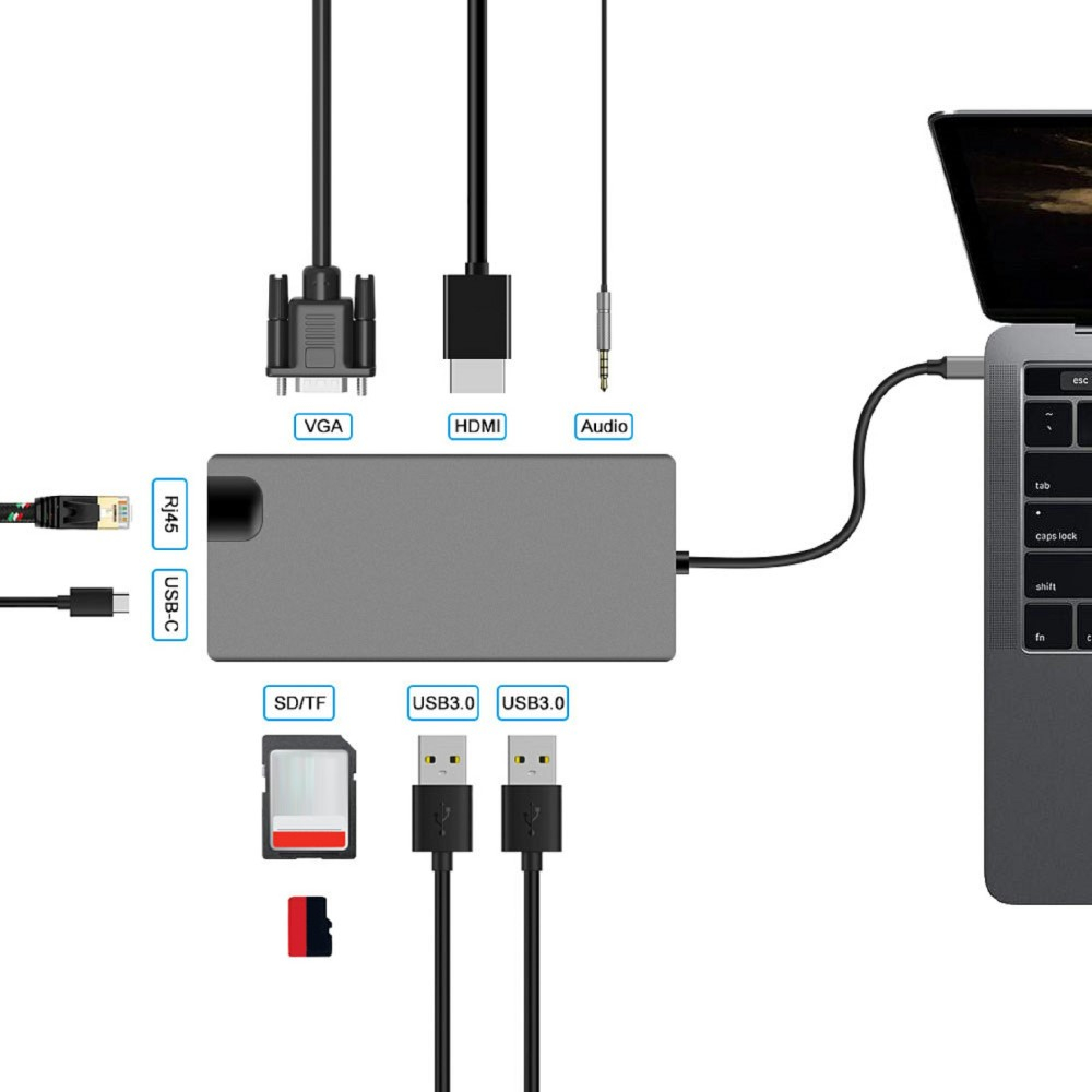 USB C 9 in 1 Multiport Adapter HUB mit USB C / 2x USB 3.0 / HDMI / VGA / RJ45 / 3.5 mm Klinke / SD   MicroSD Kartenlesegerät - Grau