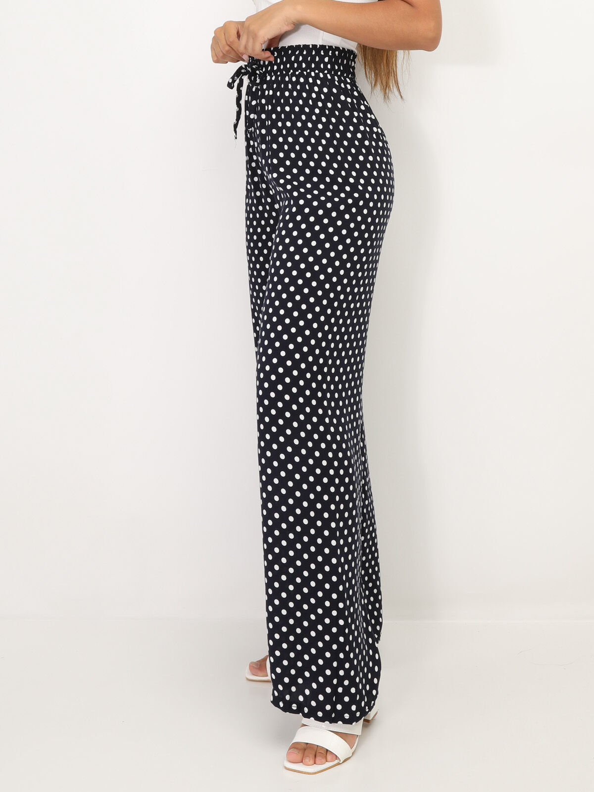 Pantalon ample à pois et liens- Bleu marine