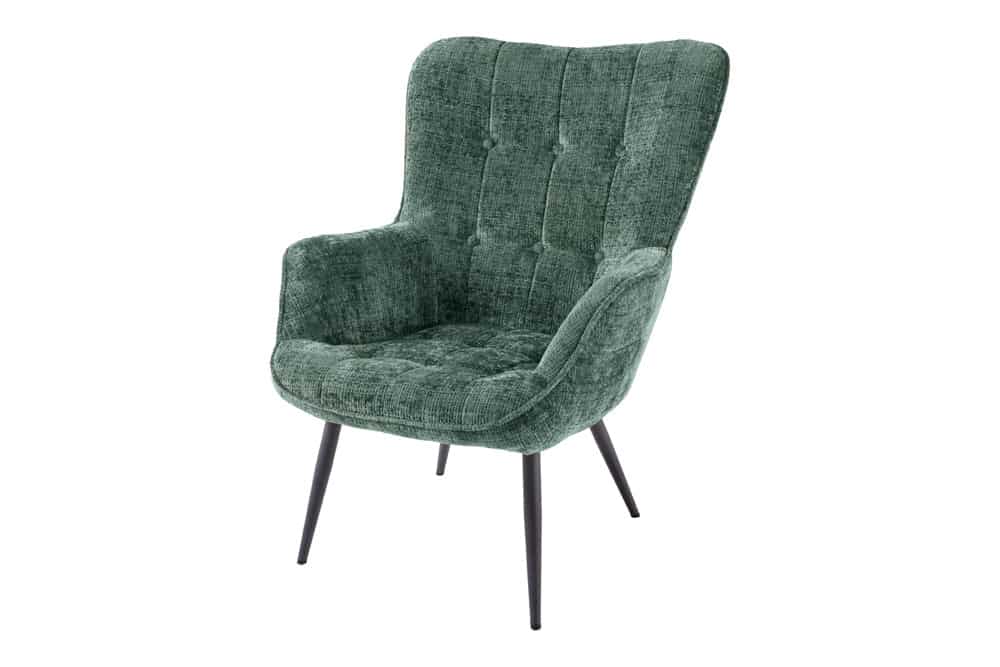 Design Sessel SCANDINAVIA grün Chenille Cremona schwarz Metall mit Armlehne