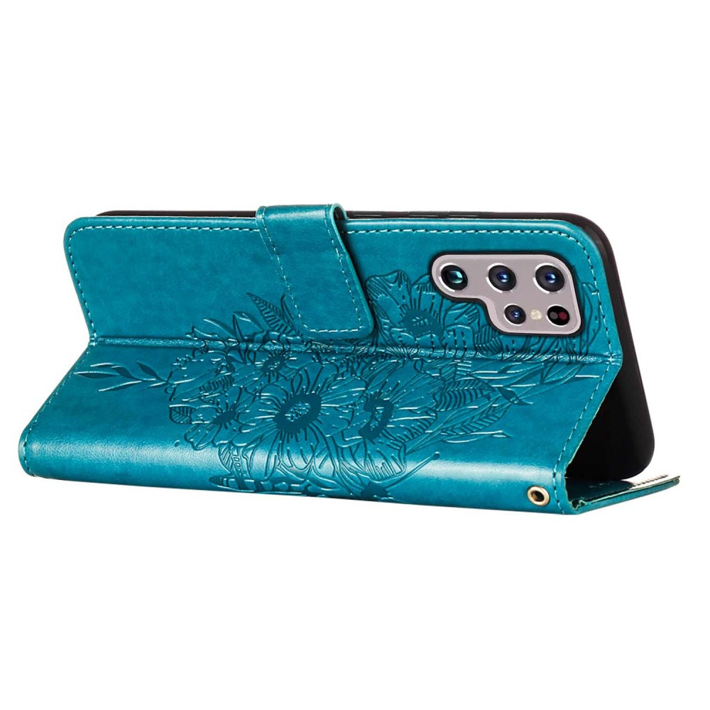 Samsung Galaxy S23 Ultra 5G Leder Tasche Flip Cover Schmetterlinge Imprint - Blau