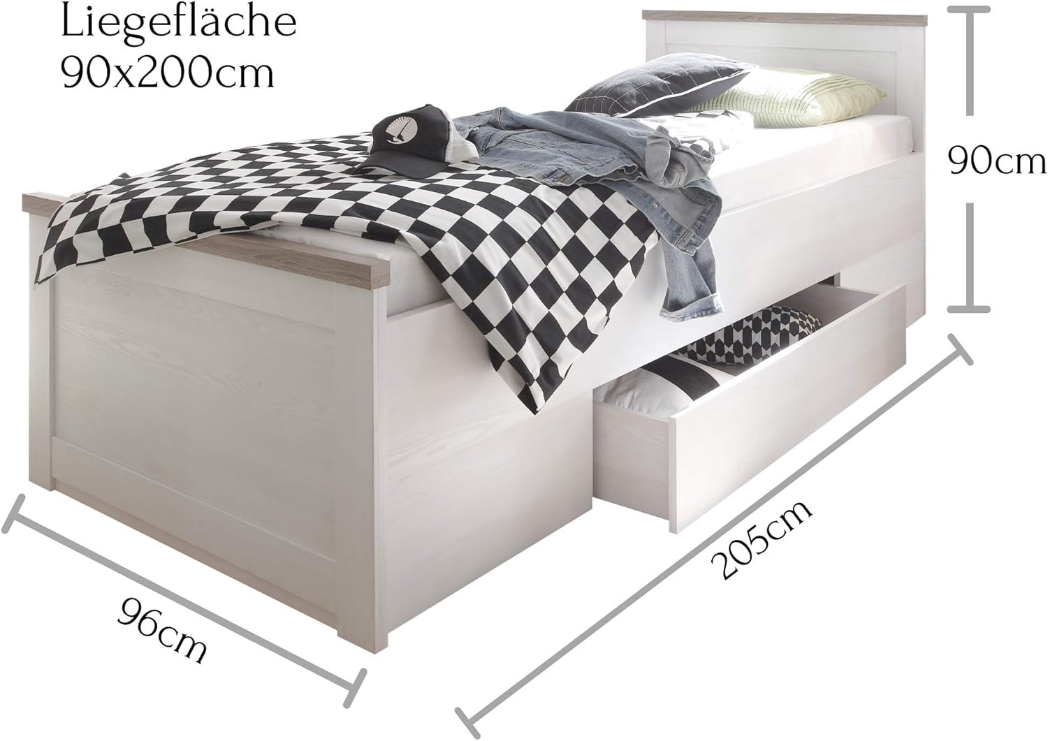 Stella Trading Stilvolles Einzelbett 90 x 200 cm mit Bettkasten - Komfortables Landhausstil Jugendzimmer Bett in Pinie Weiß / Trüffel - 96 x 90 x 205 cm (B/H/T)