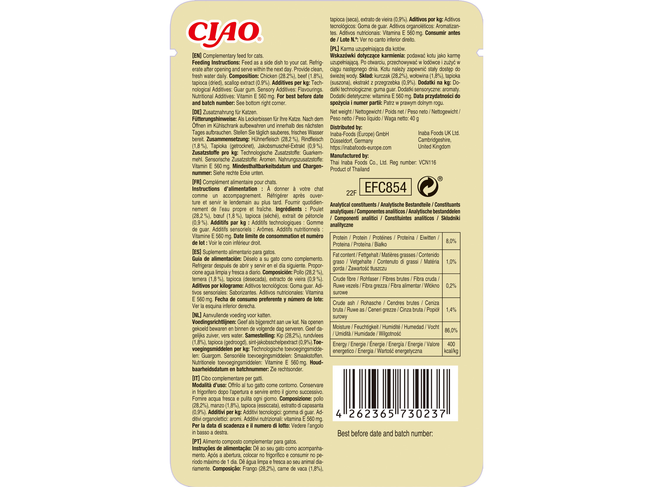 COMIDA HÚMIDA GATO CIAO BISQUE FRANGO / VITELA 40G