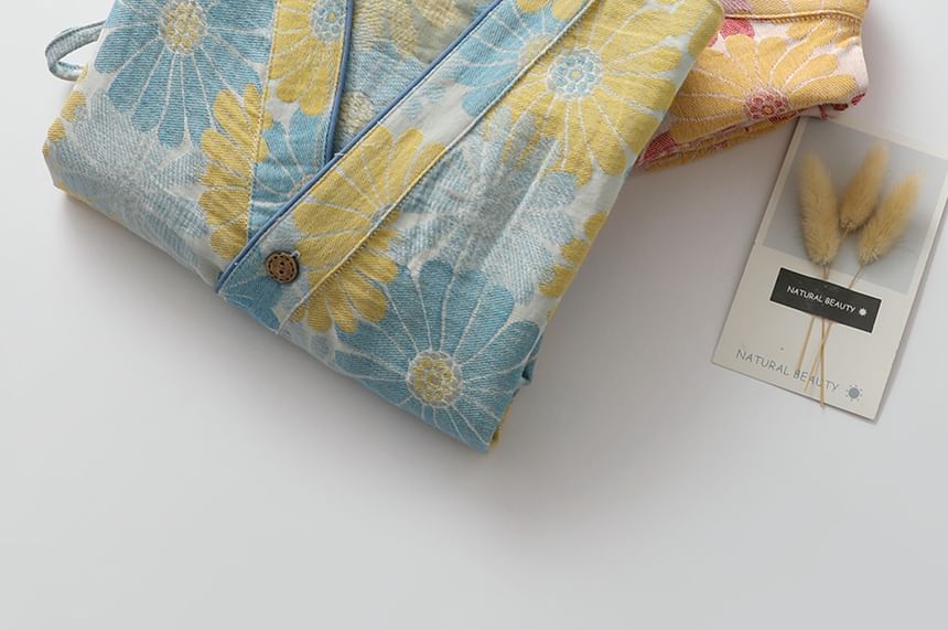 Finlies - Pyjamaset: lange mouwen, V-hals, bloemenmotief, wikkeltop + elastische taillebroek