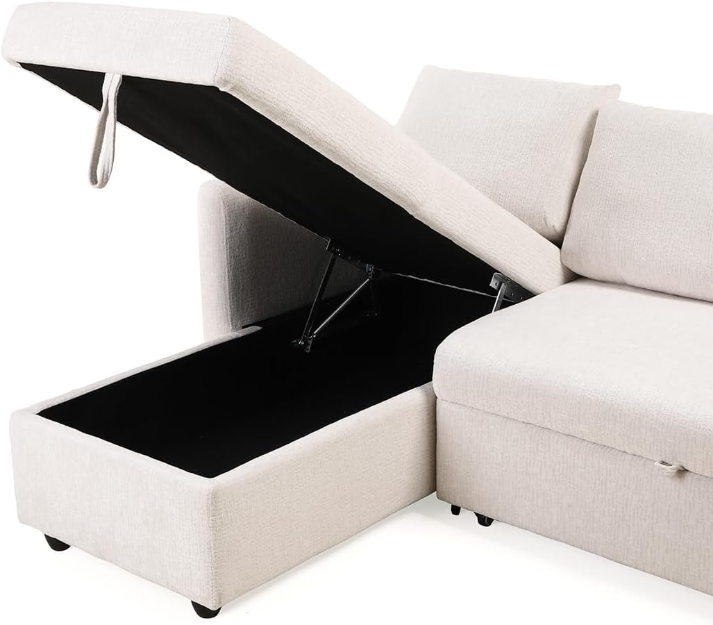 Meubletmoi Wilson Ecksofa, links, wendbar, 3-Sitzer, Länge: 210 cm, aus weichem Stoff, beige, ausziehbar, mit Kissen und integriertem Truhe, moderner Komfort und Originalität