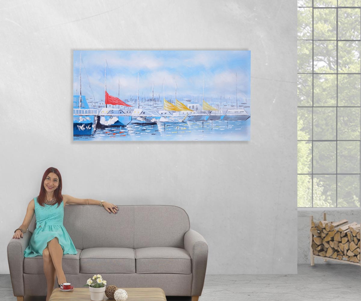 Wandbild Boote, 100% handgemaltes Ölgemälde Gemälde XL, 140x70cm