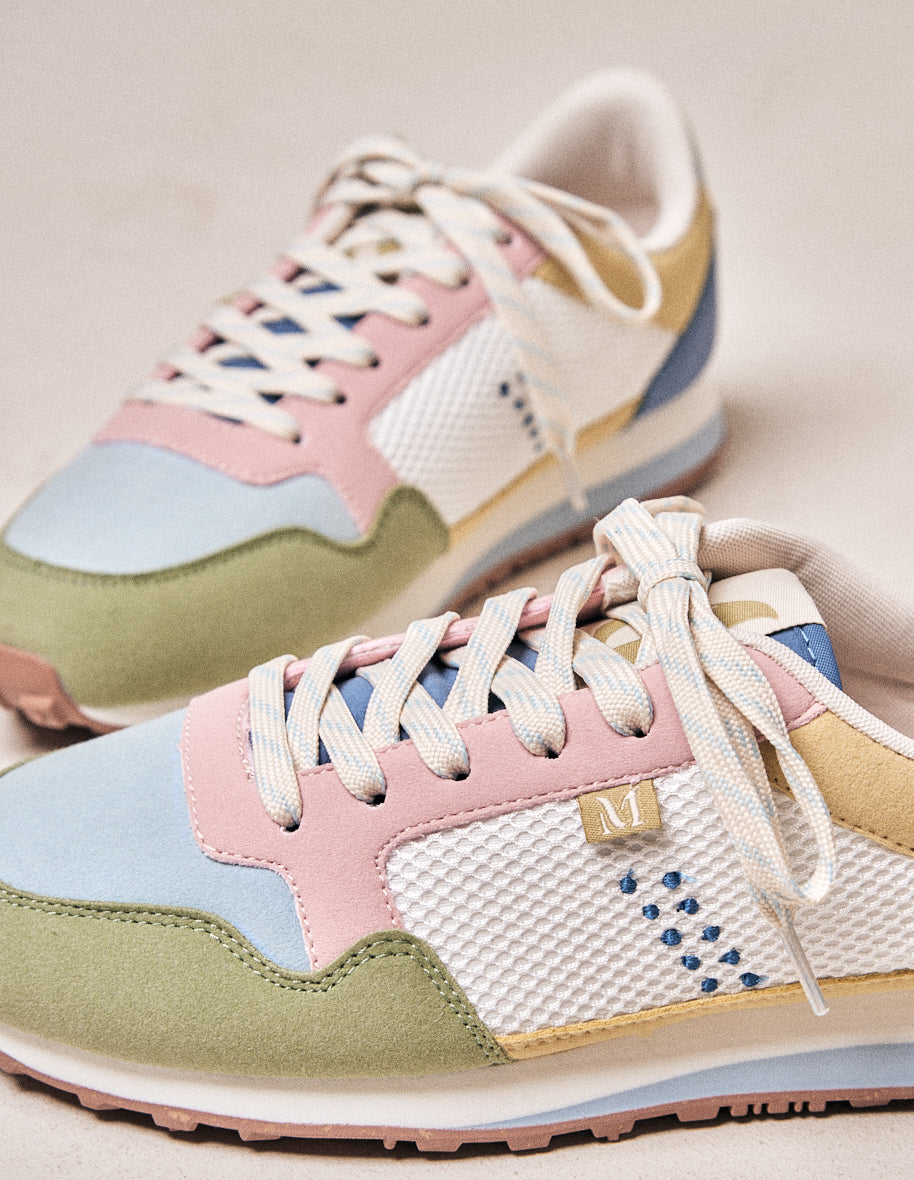 Baskets basses Gabrielle - Suède vegan et mesh pistache ciel rose clair