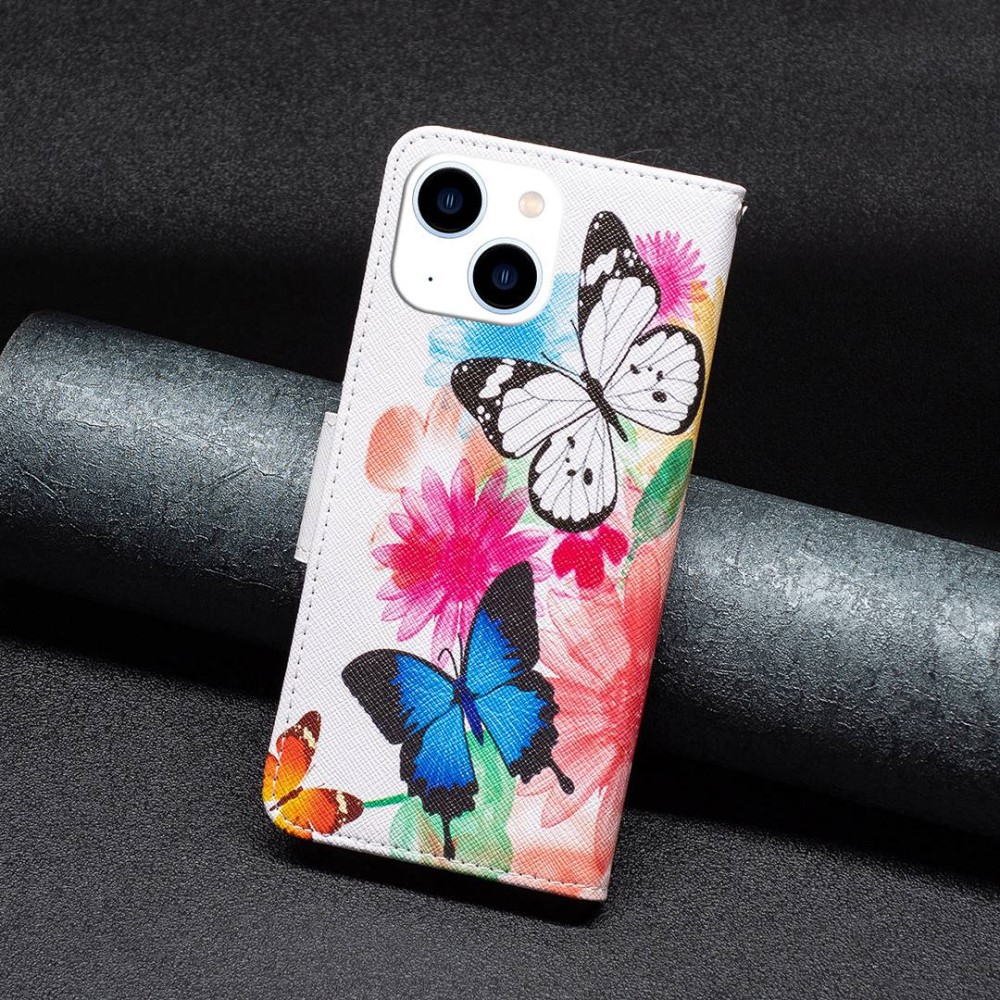iPhone 14 Leder Tasche mit Kartenfächern - Blumen & Schmetterlinge