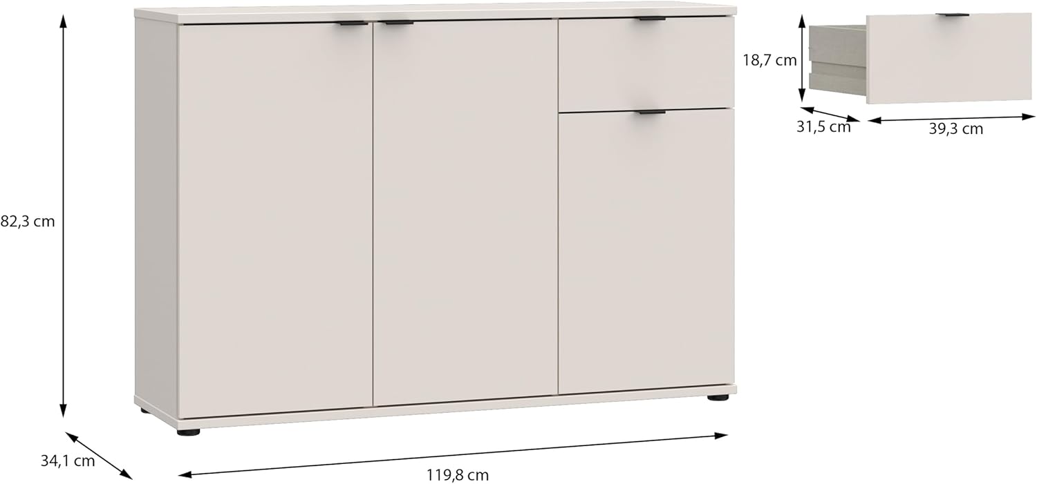 Forte Ganymede Sideboard 120, minimalistische Kommode, 3-türig, 1 Schublade, Holzwerkstoff, Wohn-/Schlafzimmer, Kaschmir Beige, 119,8 cm breit x 82,3 cm hoch x 34,1 cm tief