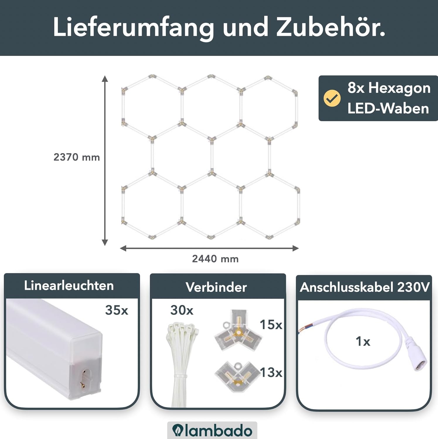 lambado® Hexagon LED-Deckenleuchte Garagenbeleuchtung LED Werkstattbeleuchtung 8-teilig | Farbtemperatur 6500K Weiß | Fitnessstudio Barber Shop Salon Ausstellung