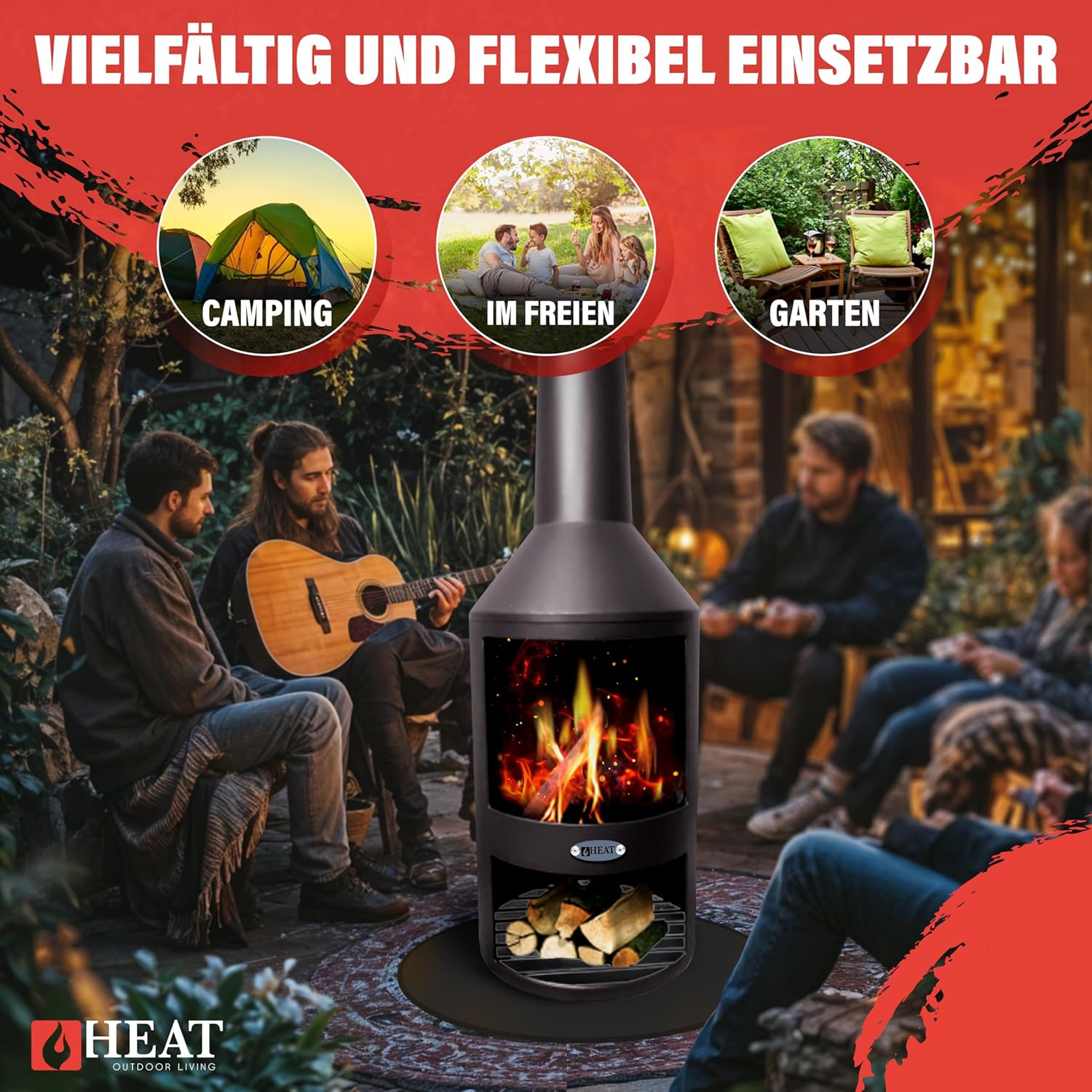 Larvik - Terrassenofen - Feuertonne & Feuerstelle für entspannte Abende - Feuersäule Outdoor - Terrassenkamin und Gartenkamin - Gartenofen aus Stahl - Holzofen - 45x45x130cm
