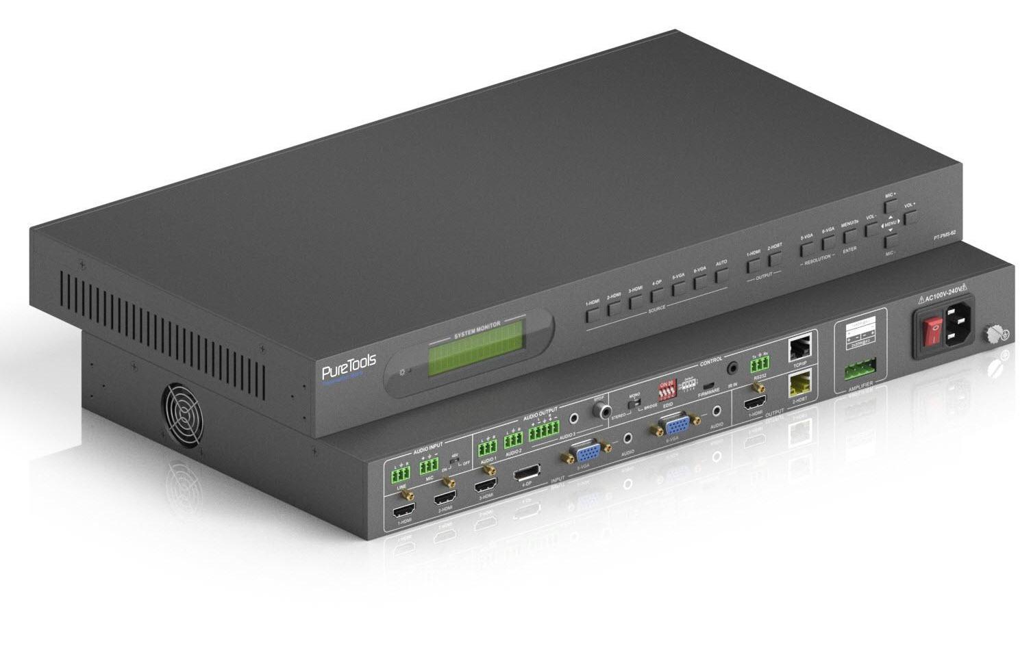 Matrix Switcher PT-PMS-62 Multiformat HDBaseT<br>6x2 4K Multiformat HDBaseT Presentation Matrix Switcher mit Scaler Set