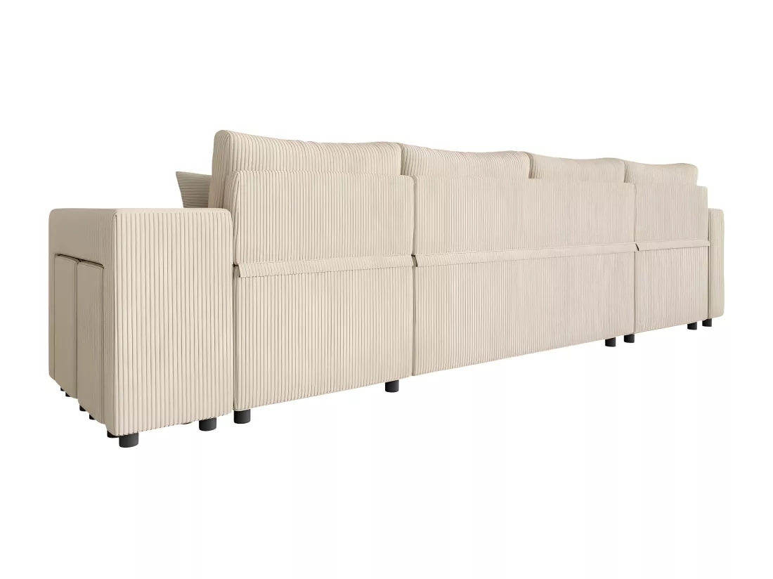 Canapé panoramique Oslo convertible avec 2 coffres, 2 poufs à droite en velours côtelé beige - L311 x P146 x H81cm - Loungitude