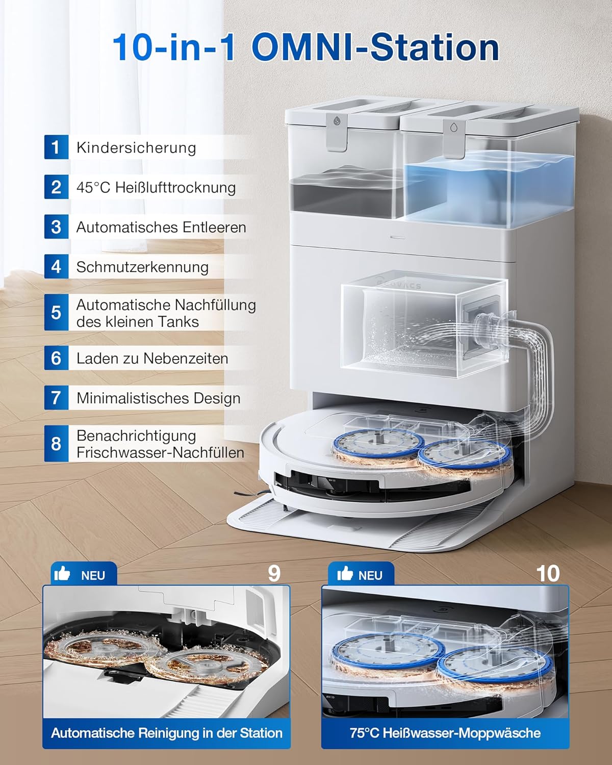 ECOVACS DEEBOT T50 Omni Gen2 Saugroboter mit Wischfunktion, 21.000 Pa, Ausziehbare Seitenbürste und Mopp, ZeroTangle 2.0, Moppwäsche mit 75°C heißem Wasser, All-in-One Station, ultradünn 81 mm, Weiß