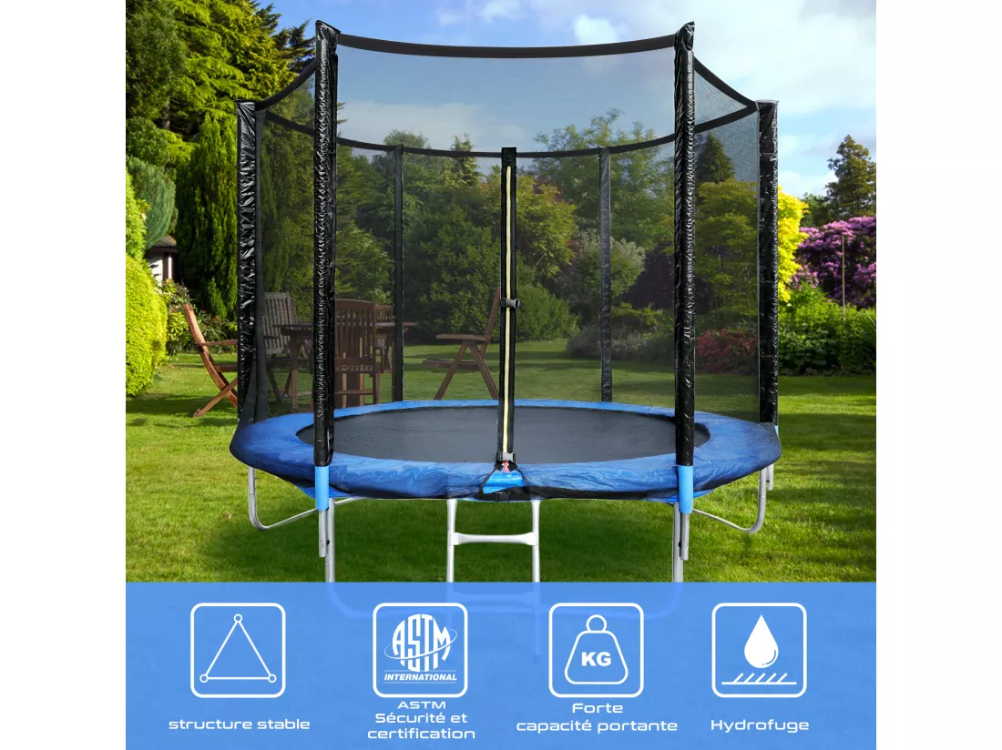 Trampoline de Jardin Enfants et Adultes Jeux d'Extérieur 244 cm Noir et Bleu Avec Filet de sécurité Couverture de protection