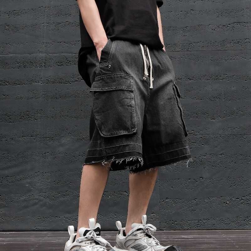 Oakjam - Gewassen, gerafelde denim cargoshorts met trekkoord in de taille, wijde pijpen