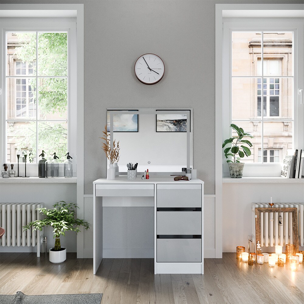 Vicco Schminktisch Sherry 90x75cm, Weiß Hochglanz, Kosmetiktisch mit LED-Spiegel