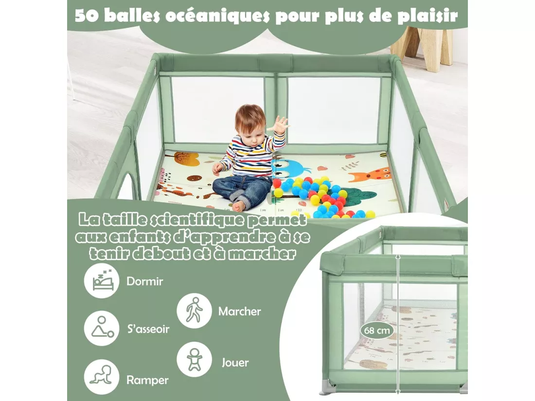 Parc Bébé en Tissu avec Tapis Antidérapant, Centre d'Activité Enfants avec Maille Respirante, 50 Boules, Sac de Transport Intérieur Extérieur pour Bébé 0-3 Ans Vert
