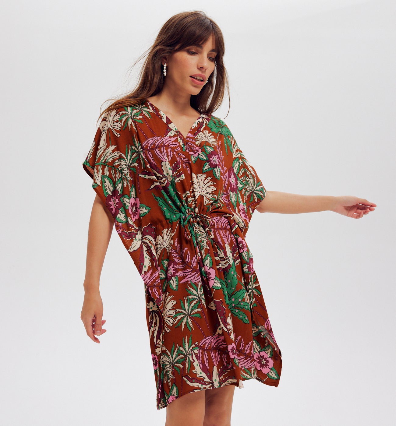 Robe caftan courte imprimée - Imprimé marron