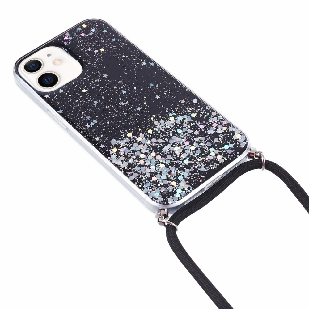 iPhone 12 / iPhone 12 Pro Necklace Gummi Hülle im Glitzer Design   Handykette (140cm) - Schwarz / Transparent