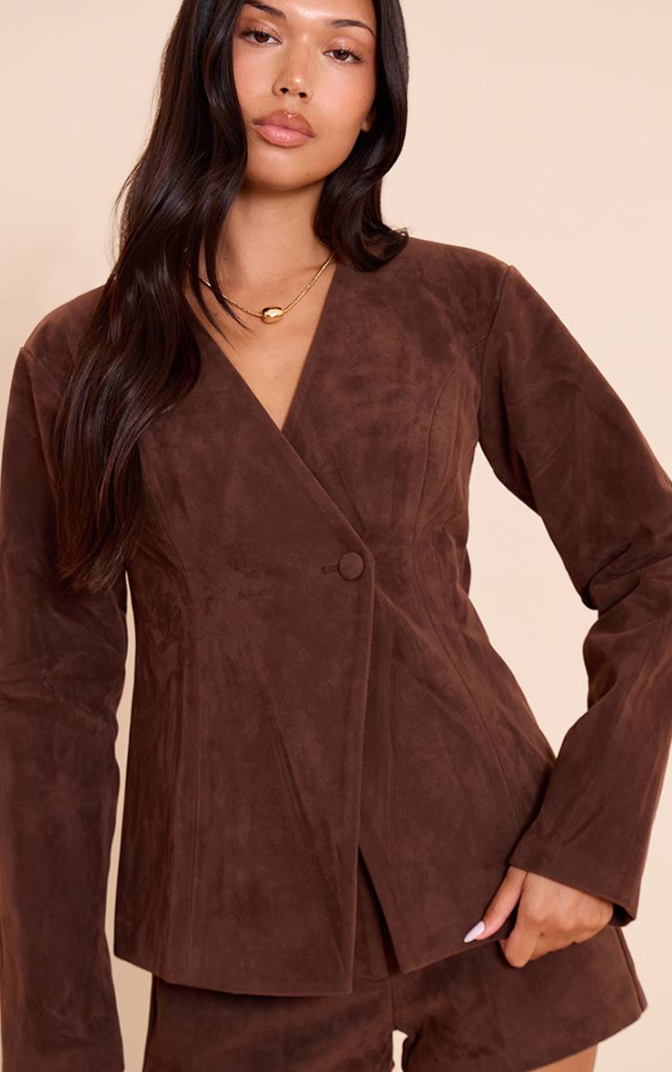 Marron Foncé Blazer Cintré En Synthétique Structurée Avec Taille Resserrée