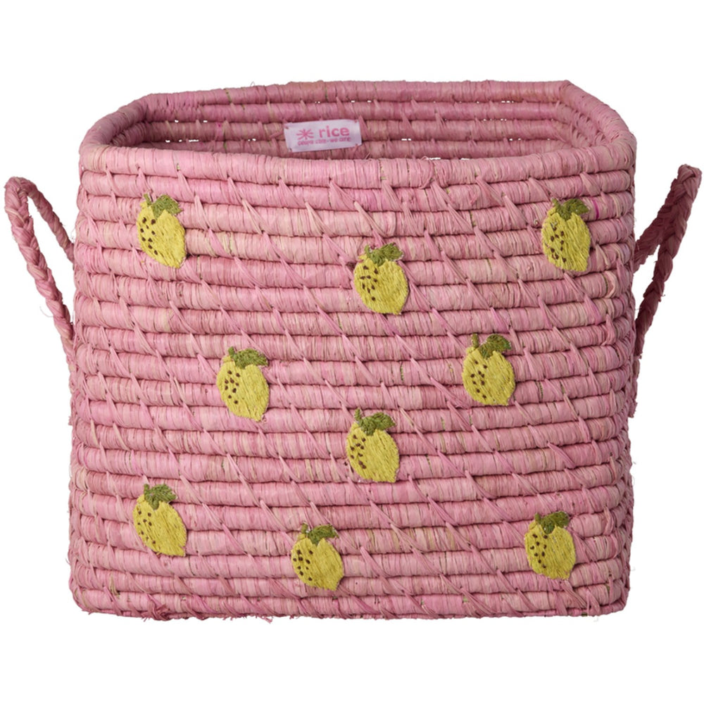 Køb Rice Raffia Square Kurv Med Small Lemons All Over Embroidery Og Raffia Handles