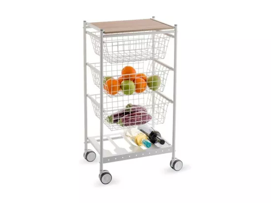 Desserte de cuisine KARINA, 3 grands paniers coulissants et porte-bouteilles, Blanc-Hêtre