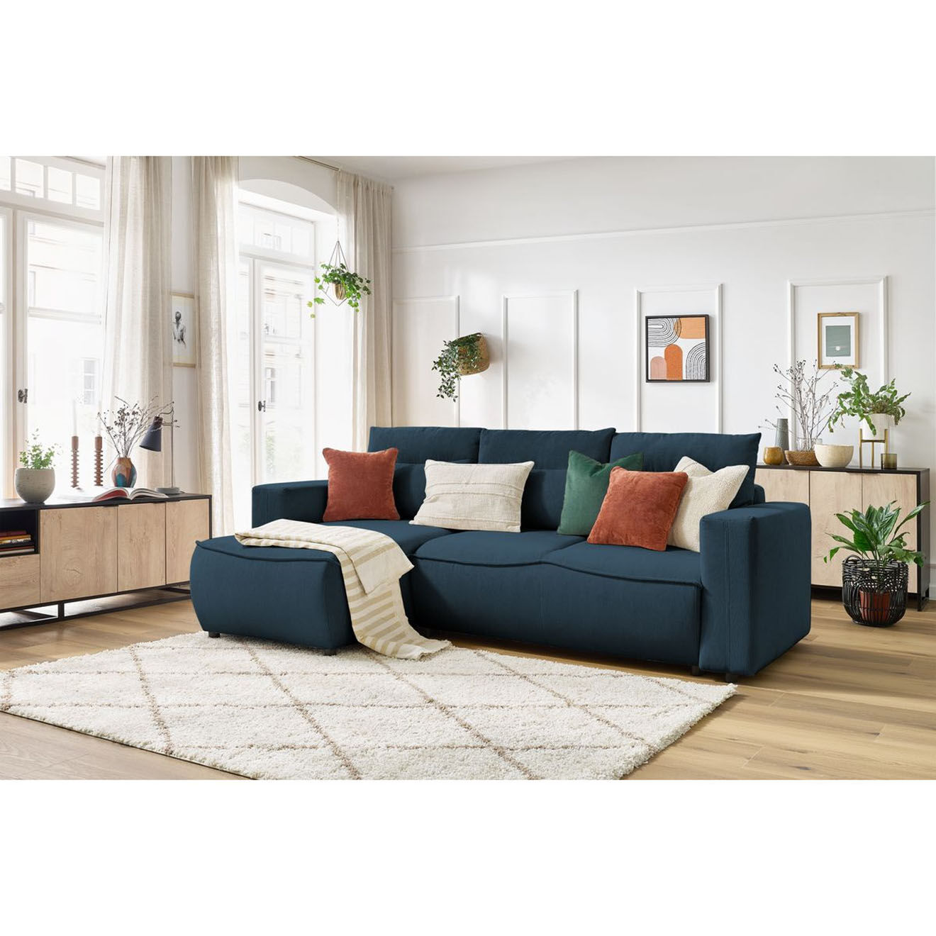 Bobochic Canapé d'angle gauche convertible coffre jasmin velours côtelé bleu foncé - 256x158x90 cm