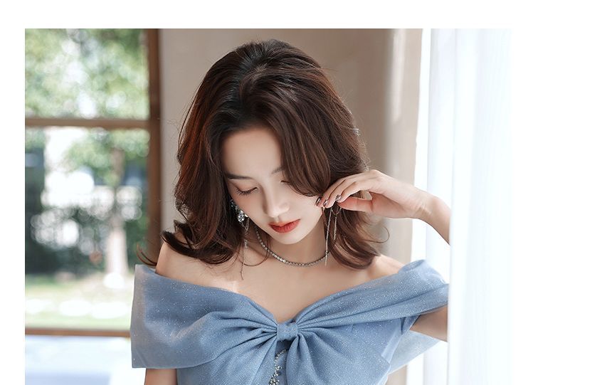Saunderoll - Off-shoulder A-lijn avondjurk met pailletten / midi-jurk