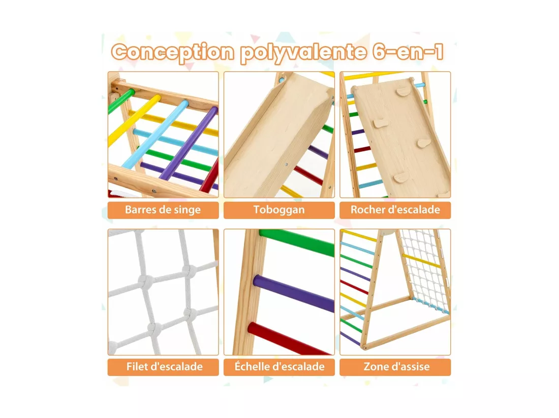 6 en 1 Triangle d'escalade en Bois Enfants avec Rampe Double Face, Aire de Jeu d’Escalade Intérieur avec Inclinaison Réglable, Filet et Echelle pour Grimper & Glisser pour 1 an+ (Multicolore)