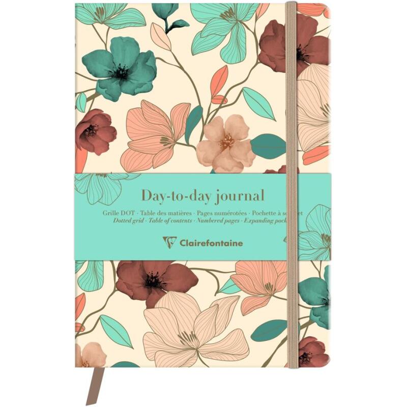 Gaïa beige, DaytoDay journal A5 14,8 x 21 cm, 192 pages, dot, pochette à soufflet au dos, marquepage, fermeture élastique, ass.