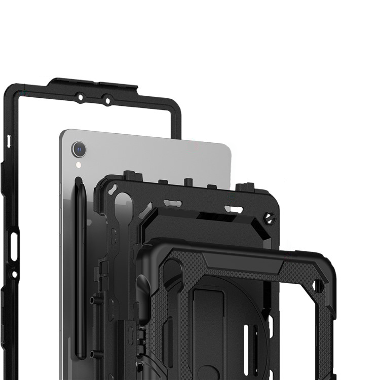 Samsung Galaxy Tab S10 Lite / S10 FE / Tab S9 FE Hybrid Outdoor Case Hülle Handschlaufe   Schultergurt und Displayschutz - Schwarz