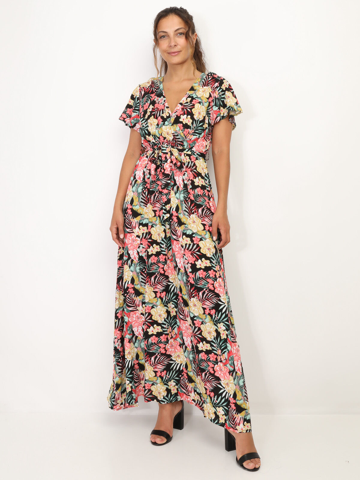 Robe style portefeuille à motif fleurs- Noir