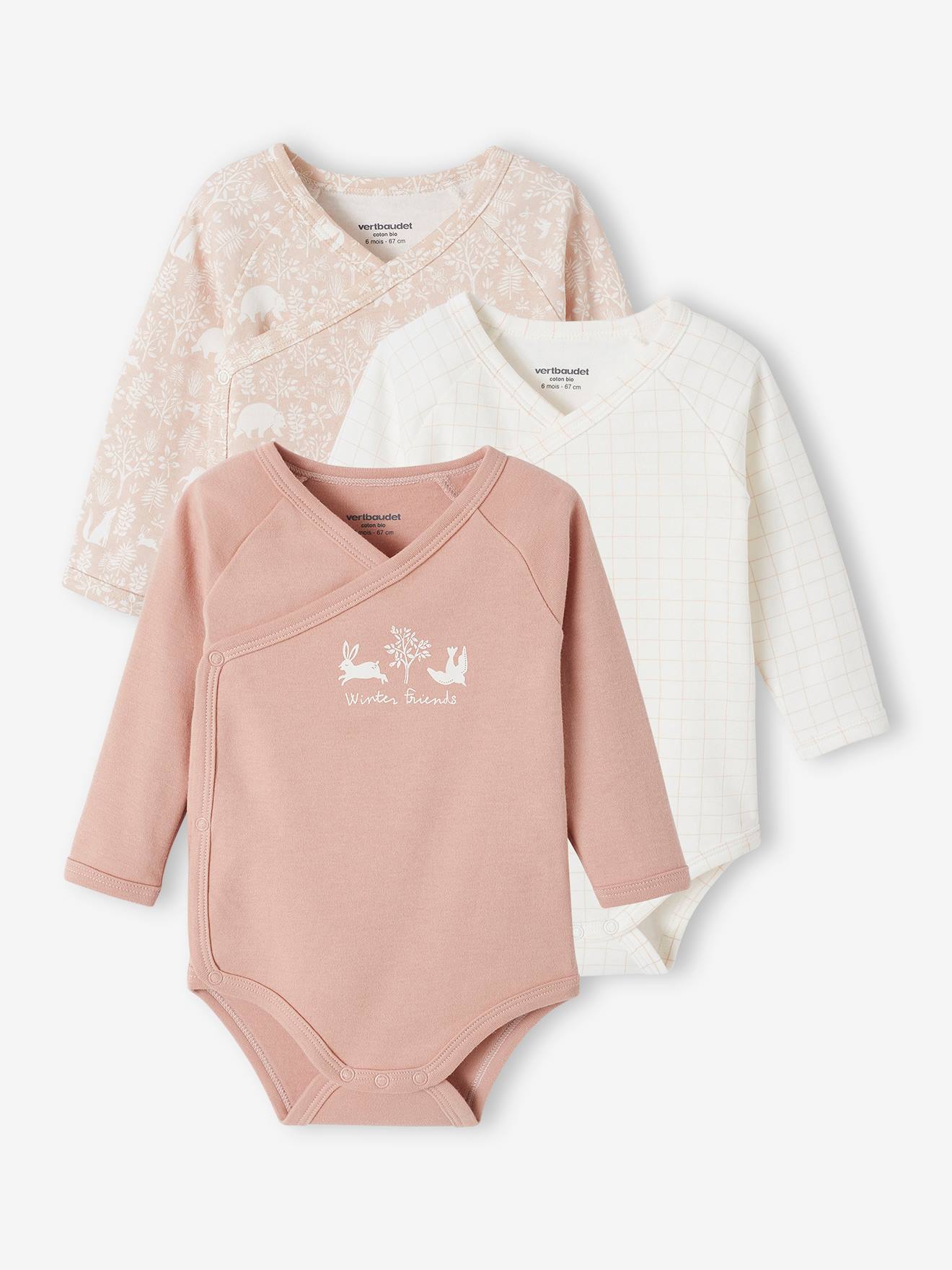 Conjunto de 3 bodies de manga comprida em algodão orgânico com abertura para recém-nascidos, cor rosa bebê com estampa de maquiagem.