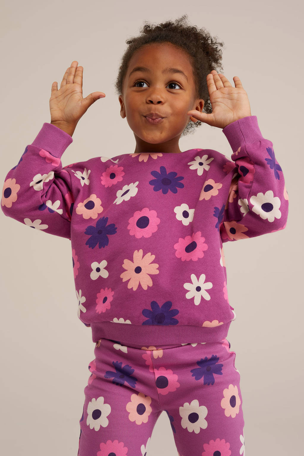 WE Fashion gebloemde sweater roze/paars/ecru