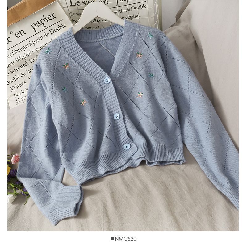 Lemongrass - Pointelle gebreide cardigan met bloemenborduursel