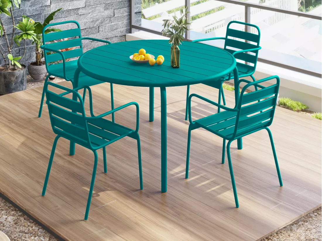 Salle à manger de jardin en métal - une table D.110 cm et 4 fauteuils empilables - Bleu canard - MIRMANDE de MYLIA