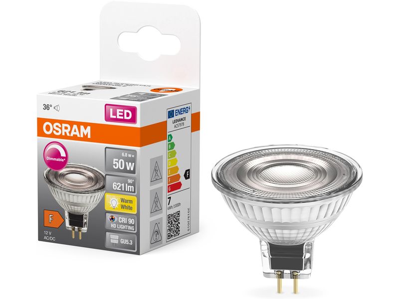 OSRAM Lampe LED Superstar MR16 12V 6.8W DIM 36° GU5.3 Warmw Dimmbare Niedervolt-LED-Reflektorlampe MR16 mit Retrofit-Stecksockel