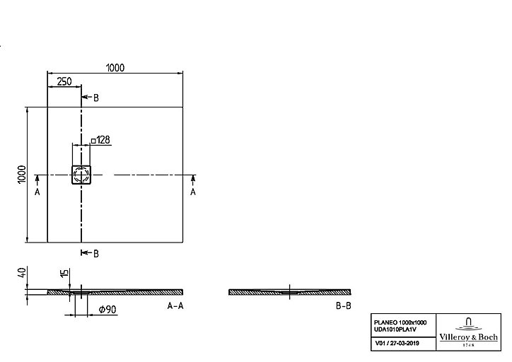Receveur de douche 100 x 100 cm en acrylique, anthracite texturé, Villeroy & Boch Exklusive