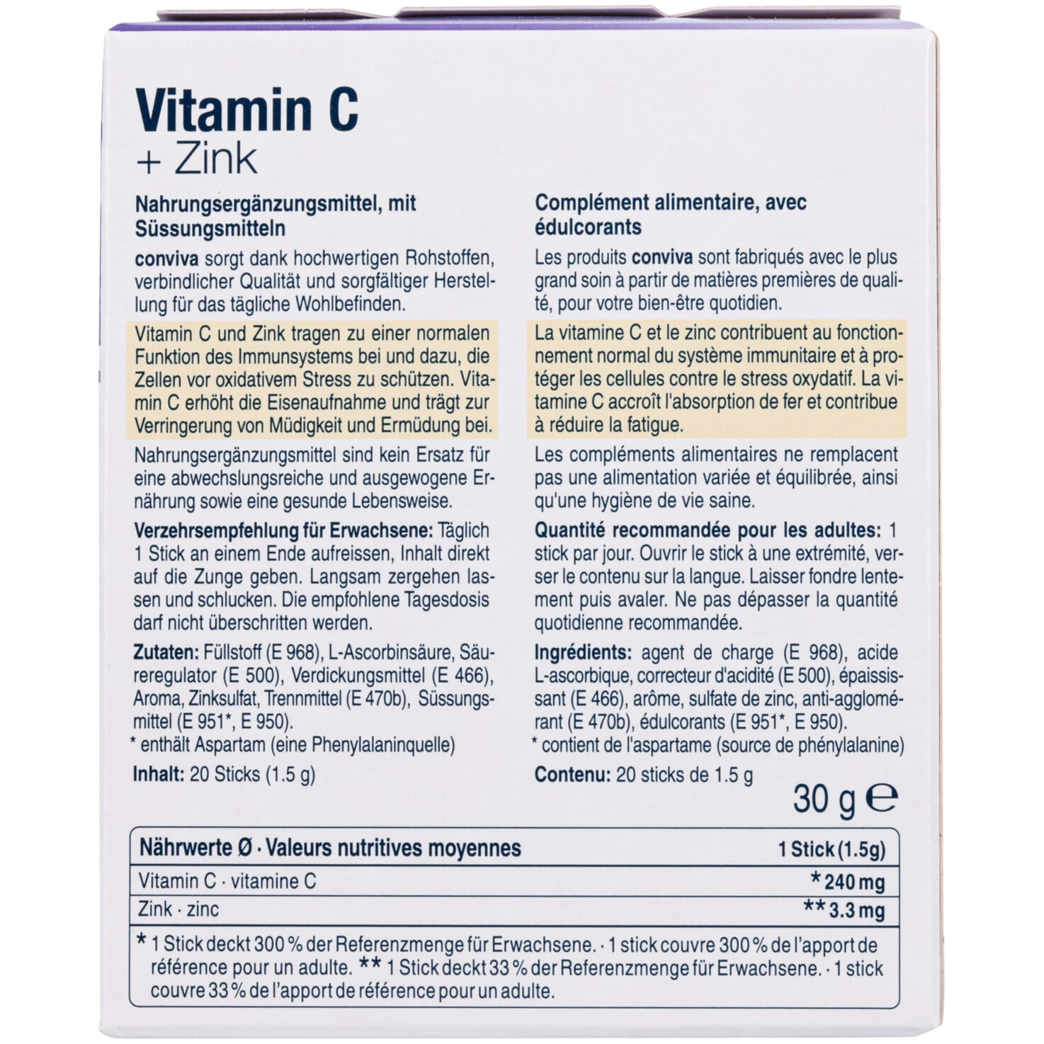 conviva Vitamin C + Zink & Orange Sticks 20 Stück