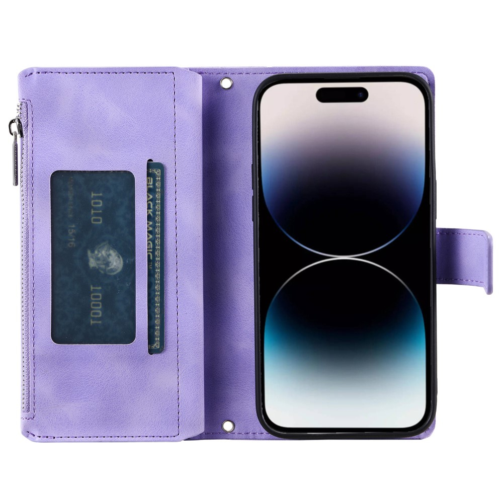 iPhone 16 Leder Tasche Flip Cover mit Reissverschluss - Mandala Flowers Imprint - Lila