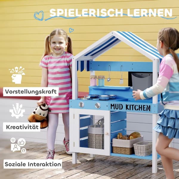 Mud Kitchen Barn Utehage Leke Kjøkken Laget av tre med komfyr, vask, kran, oppbevaringshyller, kokekar, tilbehør, lekekjøkken for barn 3-7 år Blå